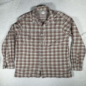 LL bean Shirt Mens Large Brown Tan Seersucker Nylon Button Plaid Long Sleeve